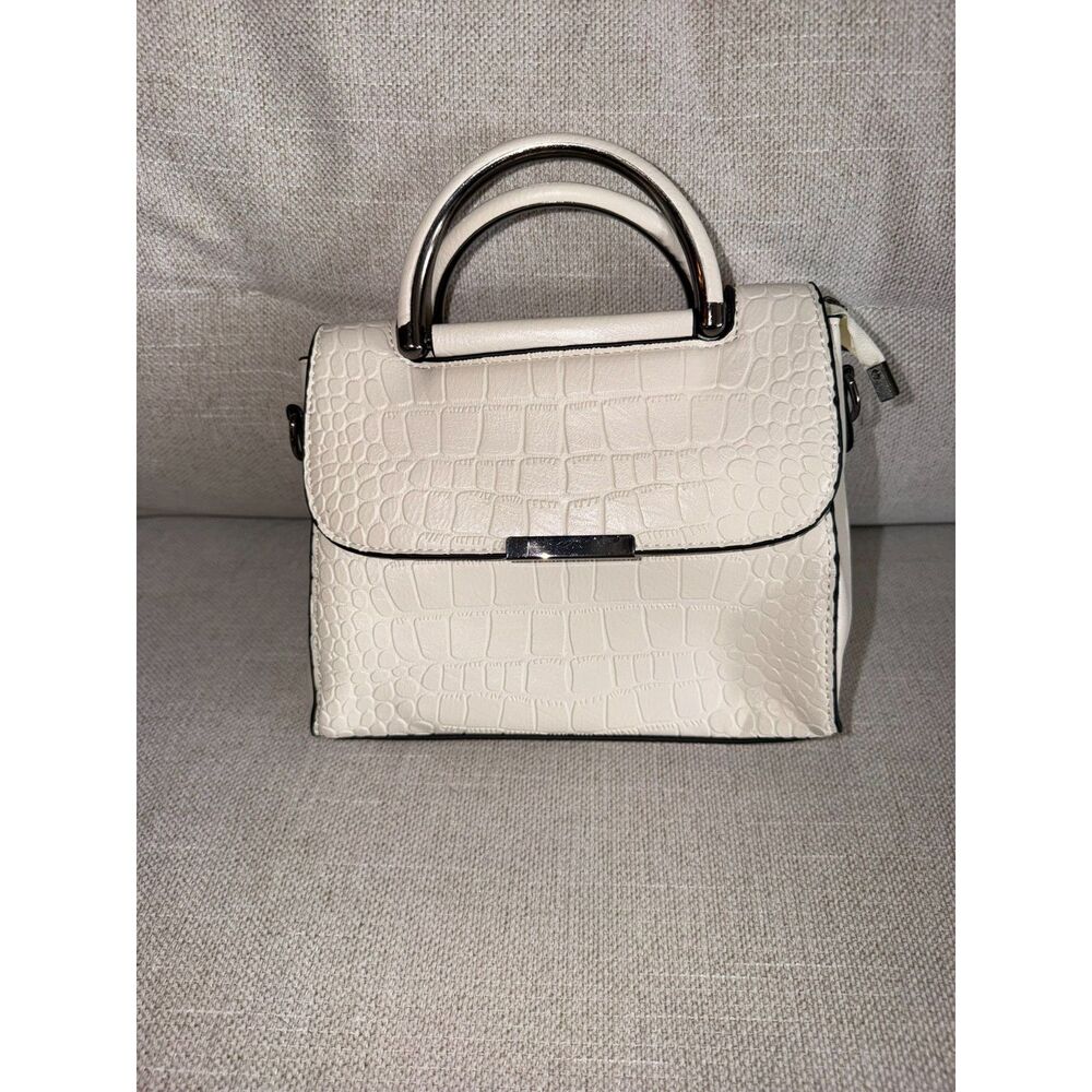 Women’s White Croc Embossed Satchel Handbag – Top Handle Purse
